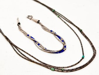 A Vintage Sterling Silver And Beaded Pairing - Necklace And Bracelet