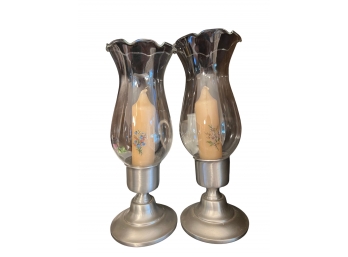 Pair Of Pewter Hurricane Lamps