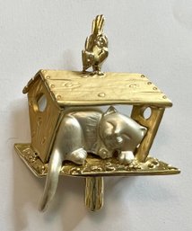 SIGNED AJC ADORABLE CAT SLEEPING IN BIRD HOUSE BROOCH