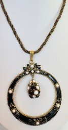 VINTAGE SIGNED TURA BLACK ENAMEL BLACK AND WHITE STONES DANGLE NECKLACE