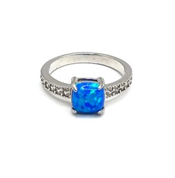 Beautiful Blue Opal Color And Clear Stones Ring, Size 6.5