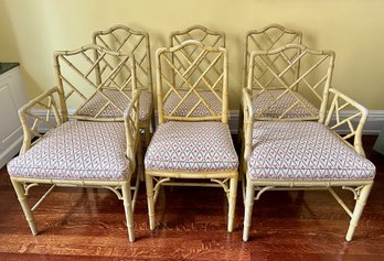 Set 6 Bamboo Upholstred Dining Room Chairs, 2 With Armrests