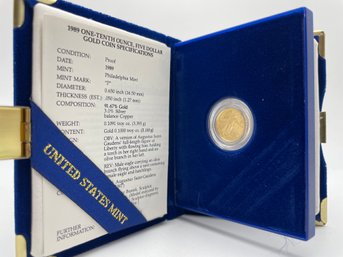 1989 American Eagle, One Tenth Ounce Gold  Bullion Coin. $5 Dollar Gold Coin.