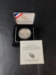 2016 Mark Twain UNC Silver Dollar Coin With COA And Original Box (90 Percent Silver)