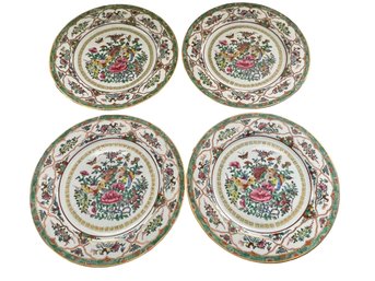 Set Of Four Antique Famille Rose Plates With Gold Trim, 10 Inch Diameter