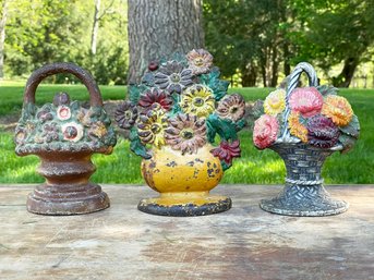 A Trio Of Antique Cast Iron Doorstops - Floral Bouquets