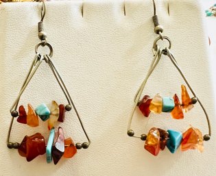 VINTAGE SILVER TONE AMBER AND TURQUOISE NUGGET EARRINGS