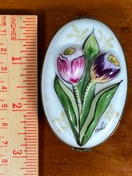 Hand Painted Porcelain Oval Floral Motif Trinket Box Signed Limoges France No Chips