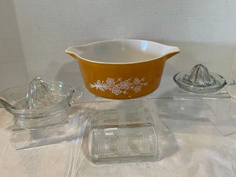 Vintage Pyrex Casserole Dish 475-b Butterfly Gold, 2 Citrus Reamers & Vintage Butter/refrigerator Dish