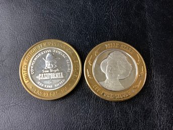 2 Neat Coins - Sam Boyd's California Casino And Belle Starr ' Wanted Dead Or Alive' (both Coins .999 Silver)