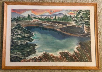 Framed Watercolor Lake And Mountain Scene