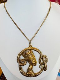 VINTAGE EGYPTIAN REVIVAL QUEEN NEFERTITI AND SNAKE GOLD TONE NECKLACE