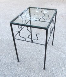 Wrought Iron & Glass Topped Rectangular Porch/plant Table, Sunroom Or Other W/rising Sun Design