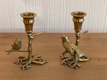 Pair Of Brass Taper Candle Holders Birds On Branches Vintage