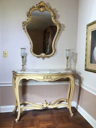 Wonderful Marble Top French Provincial Console Table And Mirror - Very Pretty Set - Distressed Cream Paint