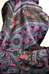 Very Fine Large Ladies Scarf Having Flowers And Paisley On Black Ground