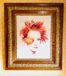Gold Gilt Trimmed Framed Canvas Pop Art Lady Fish Eye