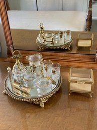 Ornate Vanity Top Set On Beveled Glass Mirror Footed Stand 10.5x1.5in Beveled Glass Box 4x3in