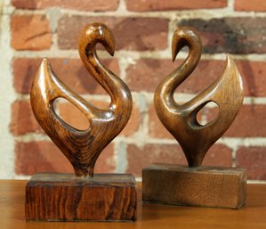 Pair Of Vintage Carved Wood Abstract Swan Figures