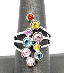 Vintage Sterling Silver Designer Multi Color Stone Ring, Size 7.5