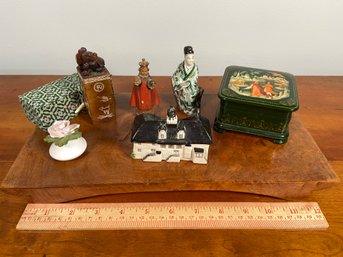 Assorted Home Decor: Berkshire Playhouse, Russian Trinket Box, Chinese Ink Stamp, Figurines, Wood Base