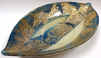 ART GLASS BOWL: 17.75 In. X 10 In. Football Shaped Oblong Centerpiece, Handpainted Blue, Gold & Cream, 3' High