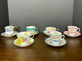 Six Mismatched Vintage Fine English Porcelain Tea Cups & Saucers