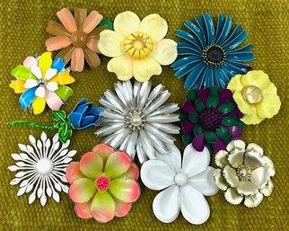 Collection Of Large Vintage Enamel Flower Brooches