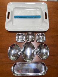 Williams Sonoma White Ceramic Tray Silver Metal Dipping Bowls And Tray And Nut Dish