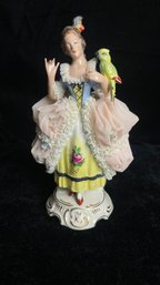 Dresden Germany Porcelain Ribbon Dress Lace Woman With Parrot