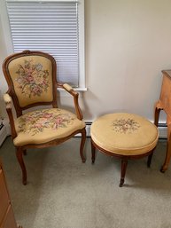 Antique European Walnut Needlepoint Chair 24x38x22 And Foot Stool Ottoman A Beauty