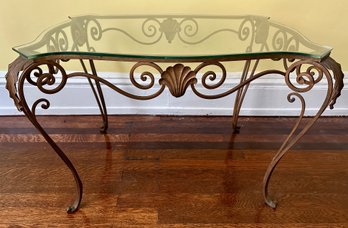 Vintage Ornate Wrought Iron Table With Shell Design & Glass Top