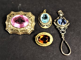 Lot Four Victorian Gold Fill Etc., Colored Stone Brooches, Pendants