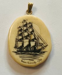 VINTAGE SIGNED BONE SCRIMSHAW SHIP PENDANT