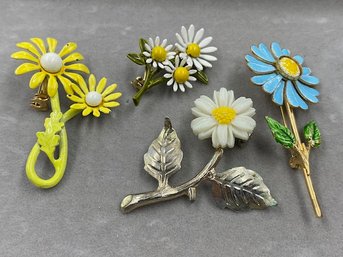 Grouping Of Petite Vintage Enamel Floral Brooches