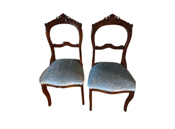 Pair Of Antique Victorian Walnut Side Chairs With Velvet Seat