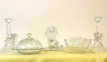 Indiana Glass Covered Butter, New Martinsville Teardrop Clear Single Candle Holder, Mikasa Bowl & Dish & More