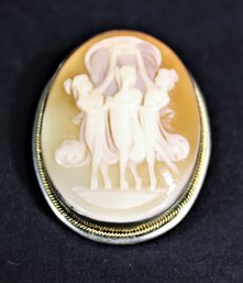 Fine Solid Silver Three Graces Carved Shell Cameo Brooch Pin Pendant