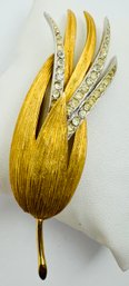 SIGNED COROCRAFT LONG GOLD TONE RHINESTONE FLOWER BROOCH