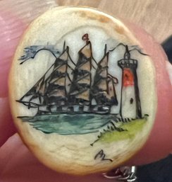 VINTAGE SIGNED BONE SCRIMSHAW SHIP WITH LIGHTHOUSE TIE TACK