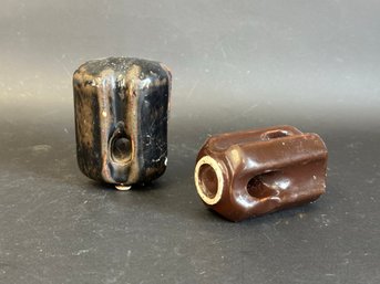 A Pair Of Vintage Insulators In Brown Ceramic