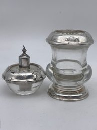 Vintage Frank M Whiting Sterling Silver And Glass Table Lighter And  A Cigarette Cup.