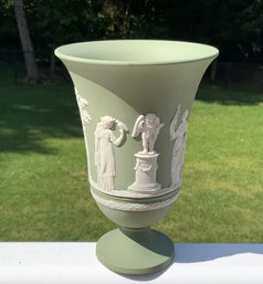 Arcadian Vase Cream Color On Celadon Jasperware By WEDGWOOD