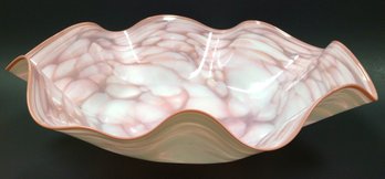 GIANT 16.5 INCH CLIFF GOODMAN STUDIO ART GLASS: Vintage 1991 Mottled White & Pink Ruffled Bowl, Blown, Signed