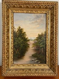 Hudson River Adirondacks Oil On Board Original Painting Unsigned 9x12 Ornate Gilt Frame