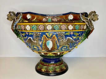 Antique Majolica Pedestal Centerpiece Bowl With Gargoyles