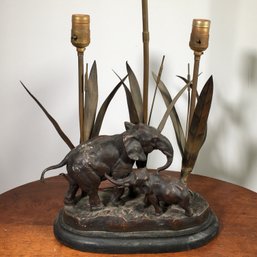 Beautiful Vintage Cast Metal Elephant Lamp With Bronze Finish - Attic Find - Needs Good Cleaning - Nice !