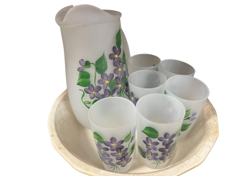 Vintage Hand Decorated Frosted Glass Tumblers & Pitcher With Violet Floral Pattern