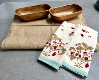 Pottery Barn XL Burlap  Runners With Coordinating Tea Towels And Wood Serving Bowls