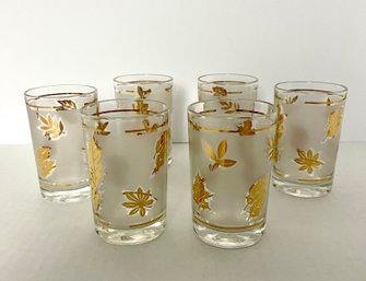 A Set Of 6 Mid Century Modern Hand Blown Frosted Tumblers / Glassware With Gold Leaf Motif